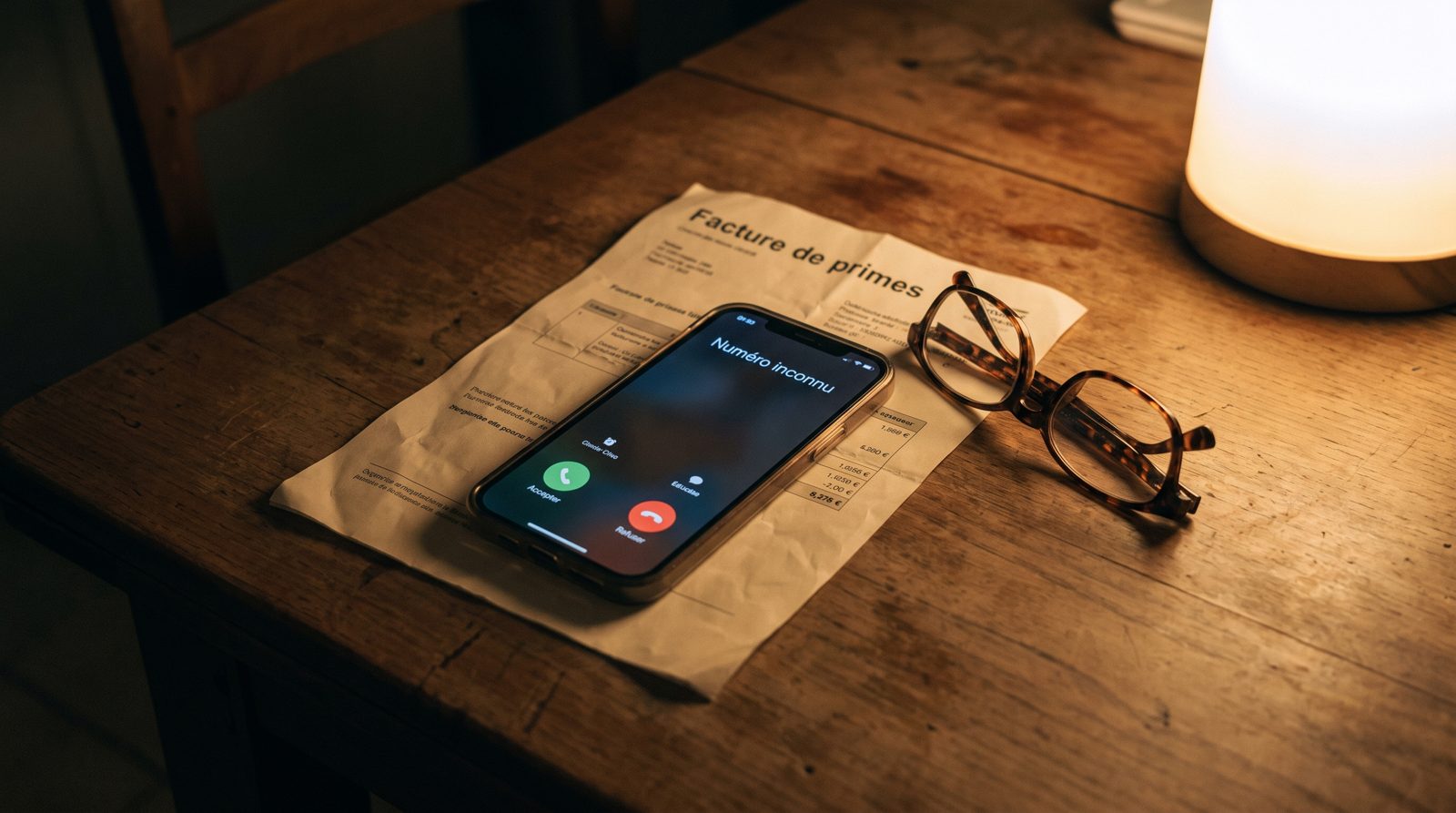 Un téléphone affiche un appel entrant inconnu, posé sur une facture de caisse-maladie