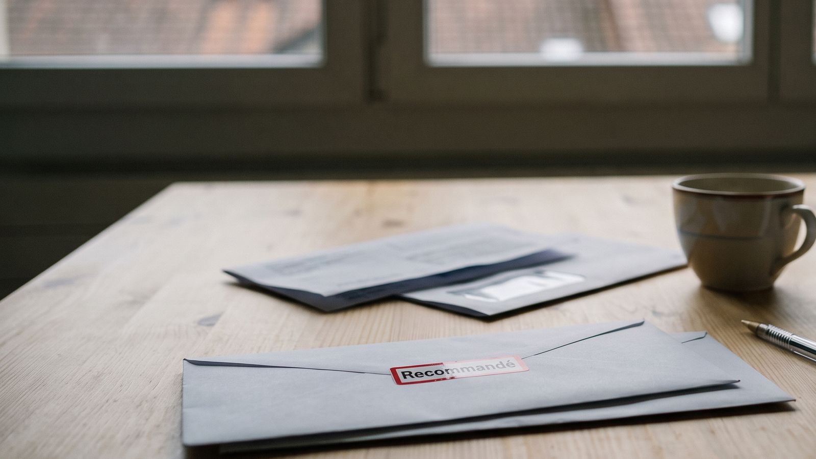 Deux enveloppes, dont une recommandée, et un stylo sur une table de cuisine, toits romands derrière la fenêtre