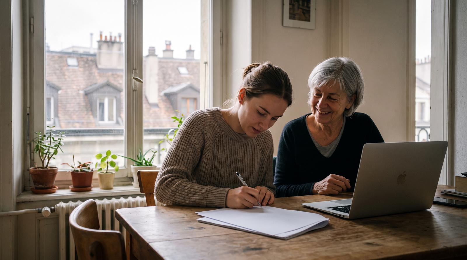 Une jeune femme signe un formulaire à la table de la cuisine, sa mère à côté d'elle, toits de Genève par la fenêtre