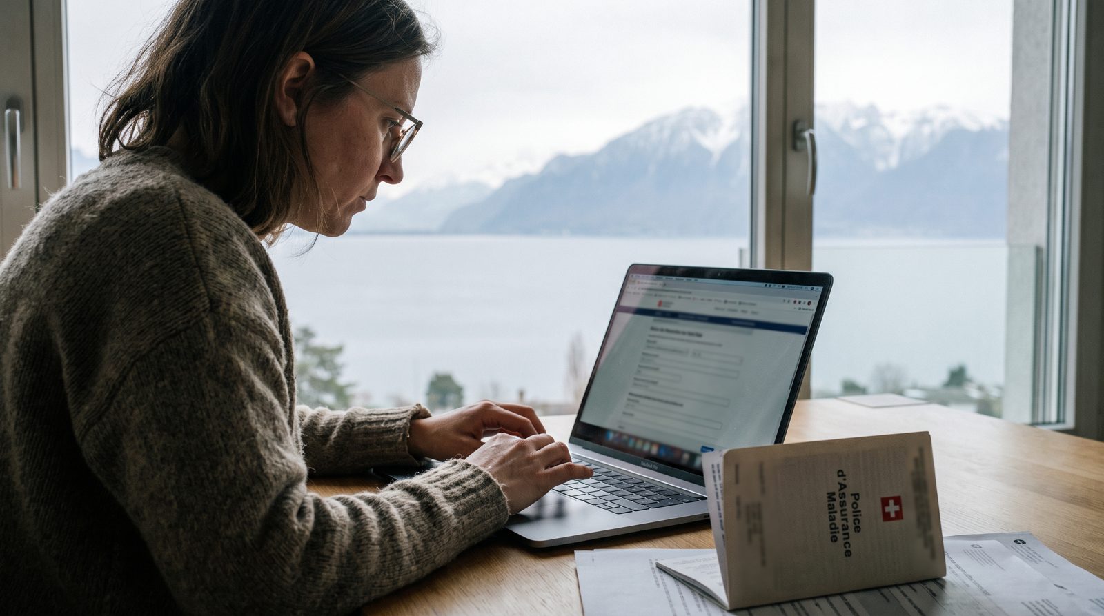 Une personne remplit la demande de subside en ligne sur un ordinateur portable, vue sur le Léman