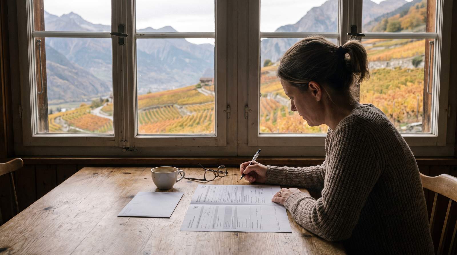 Une femme remplit un formulaire sur une table en bois, devant une fenêtre qui donne sur des vignes en terrasses en automne