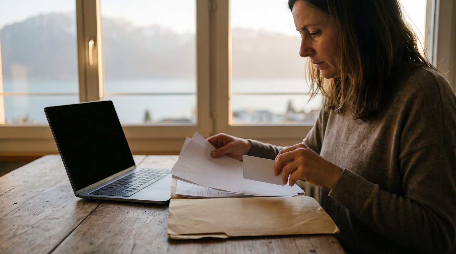 Une femme trie des documents à une table en bois, un ordinateur portable ouvert, devant une fenêtre donnant sur le Léman