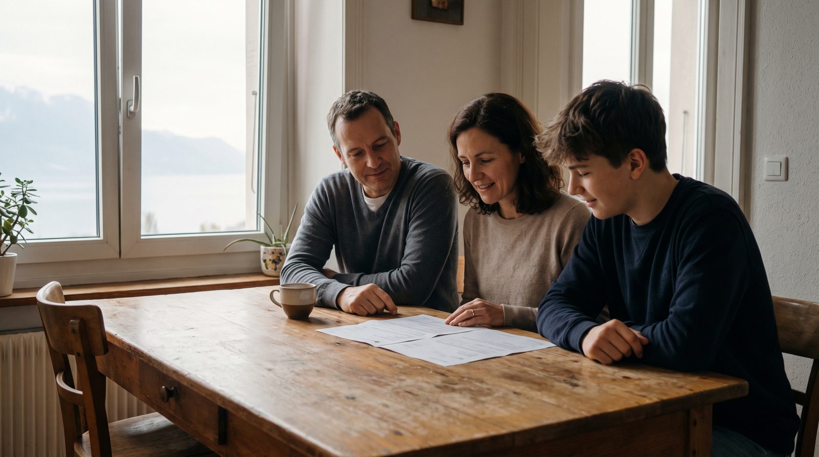 Une famille lit une décision de taxation à la table de la cuisine, à Lausanne