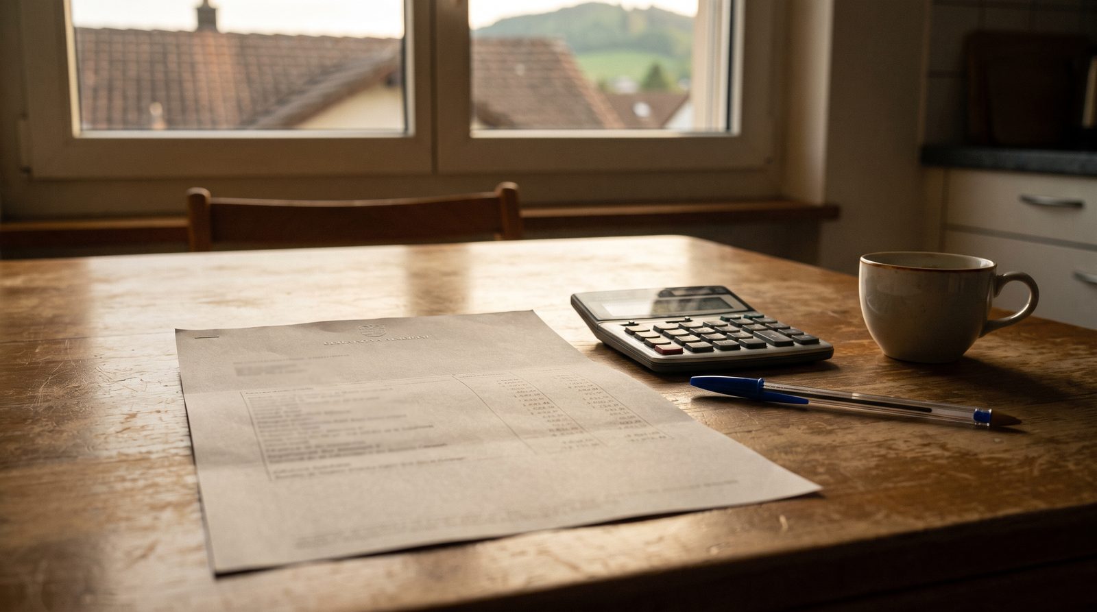 Une décision de taxation vaudoise posée sur une table de cuisine, avec une calculatrice et un stylo