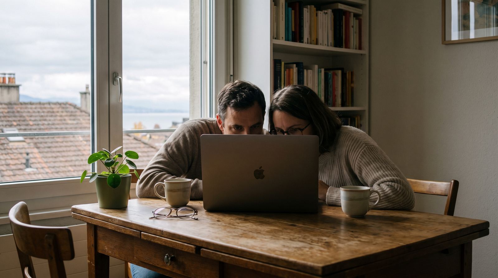 Un couple consulte un ordinateur portable à la table de la cuisine, dans un appartement lausannois en automne, le Léman au loin