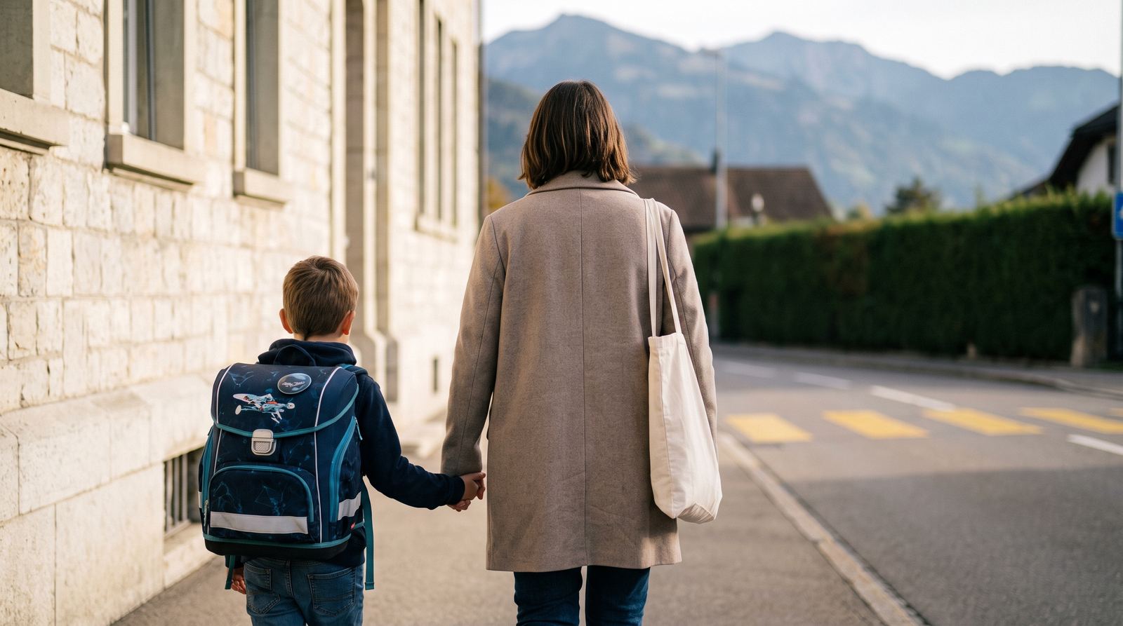 Une mère et son fils, cartable sur le dos, marchent vers l'école dans une rue de Suisse romande