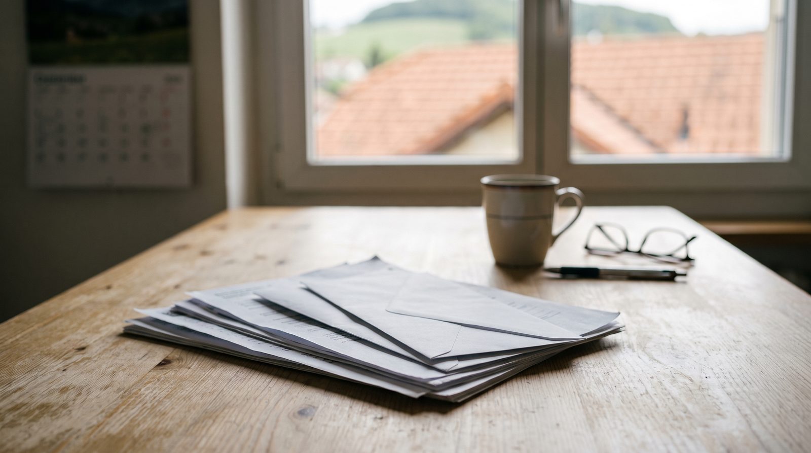 Une pile de courriers et d'enveloppes sur une table de cuisine en bois, devant une fenêtre ouvrant sur des toits de tuiles