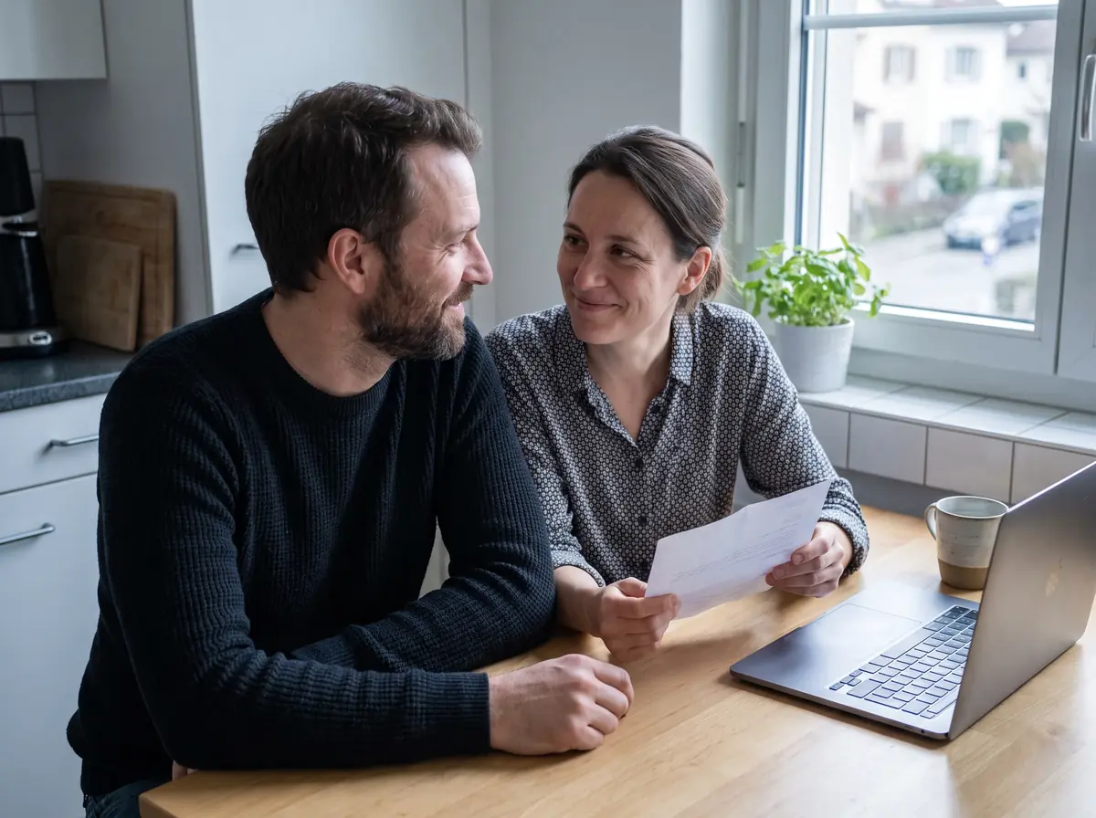 Un couple lit un courrier d'assurance-maladie à la table de sa cuisine.