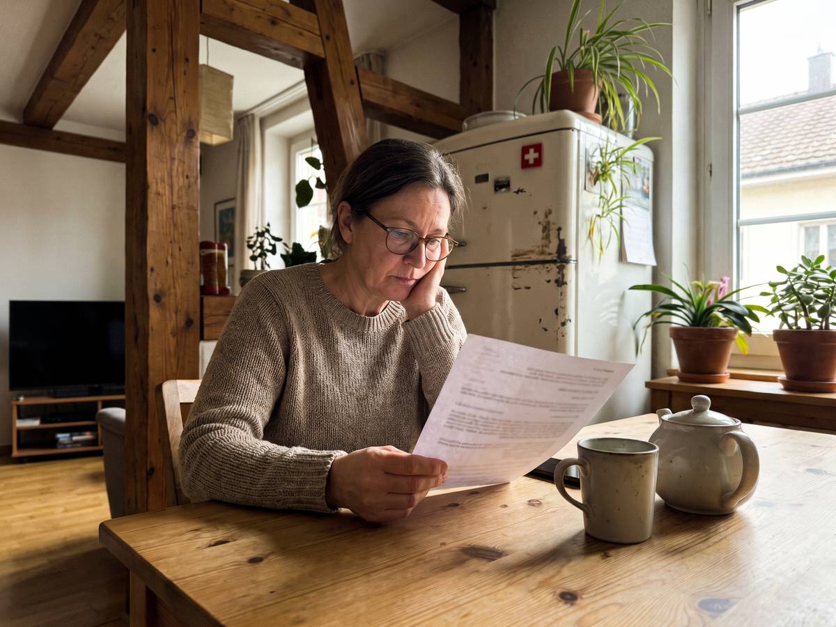 Une femme lit le courrier de sa caisse-maladie à la table de la cuisine